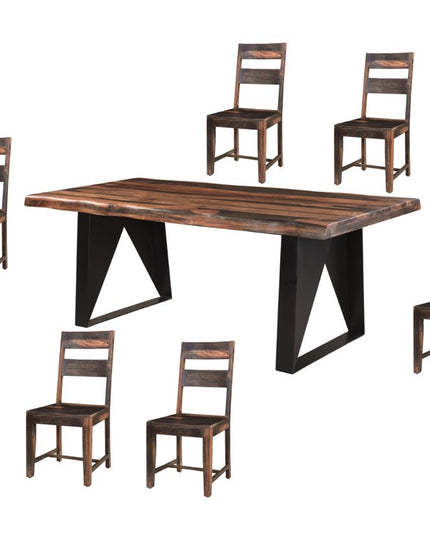 Seven Piece Brown and Black Solid Wood Dining Set with Six Chairs