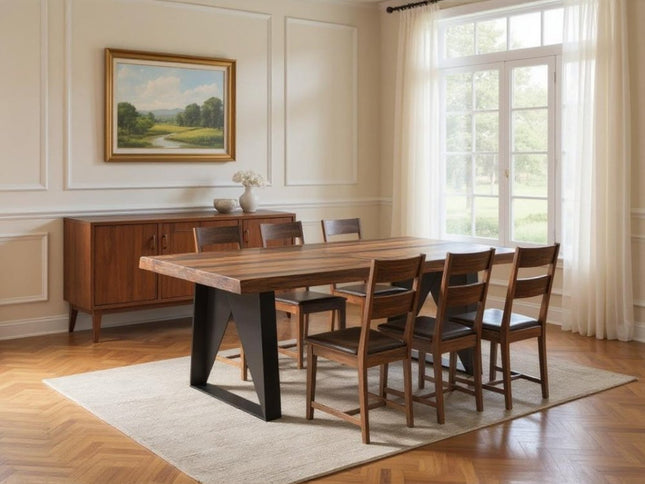 Seven Piece Brown and Black Solid Wood Dining Set with Six Chairs