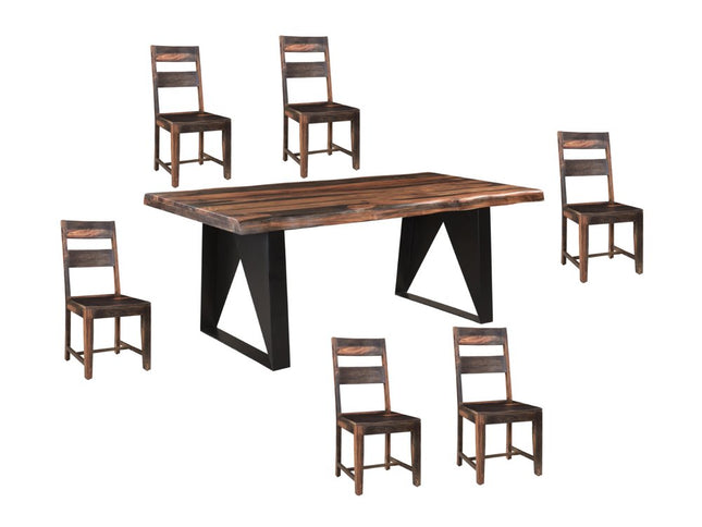 Seven Piece Brown and Black Solid Wood Dining Set with Six Chairs