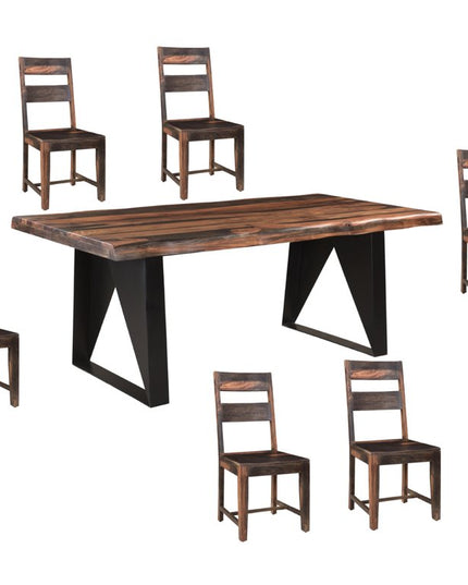 Seven Piece Brown and Black Solid Wood Dining Set with Six Chairs