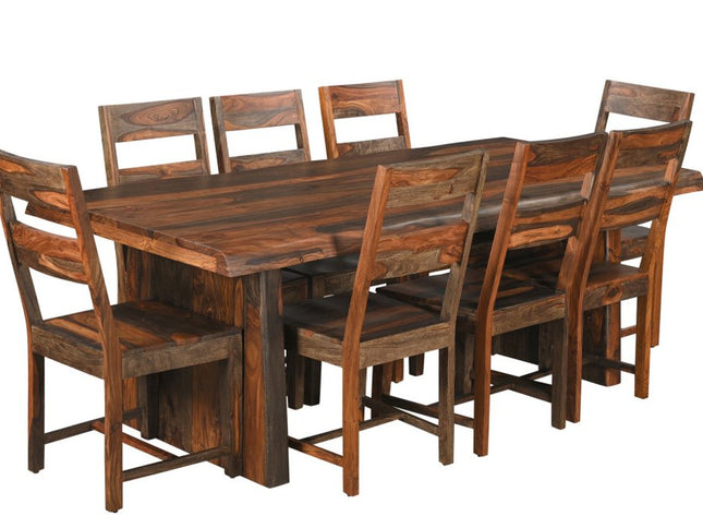 Nine Piece Brown Solid Wood Dining Set with Eight Chairs