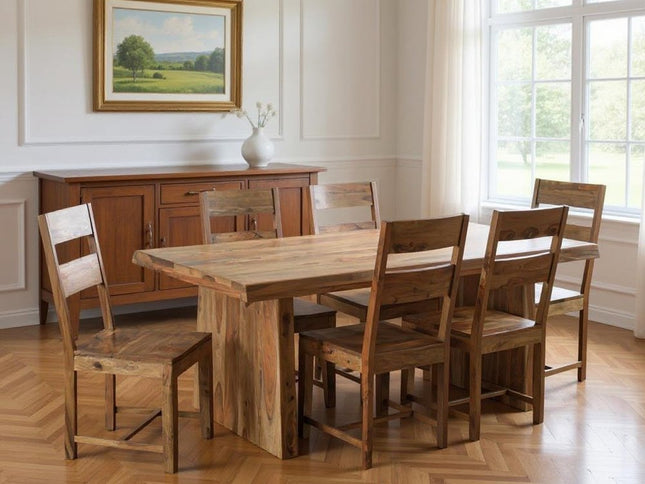 Seven Piece Brown Solid Wood Dining Set with Six Chairs