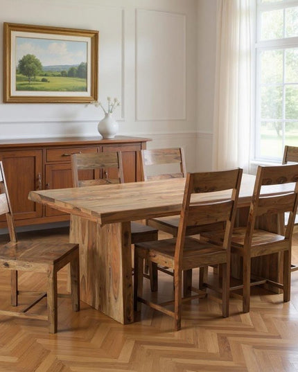 Seven Piece Brown Solid Wood Dining Set with Six Chairs
