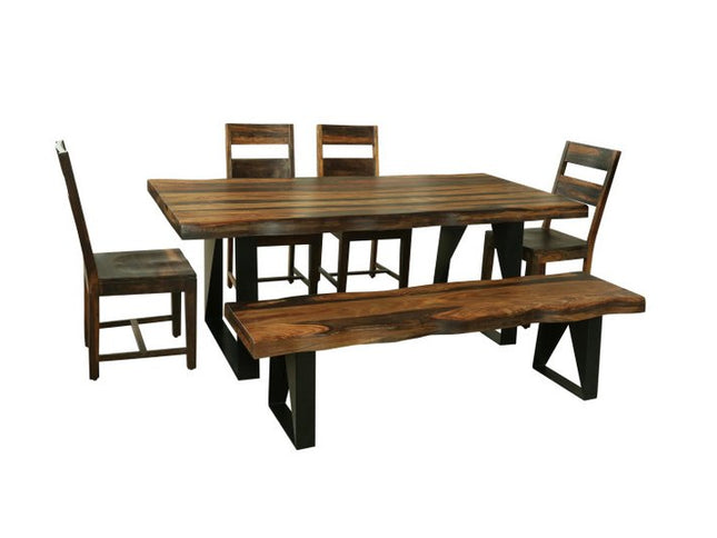Six Piece Brown and Black Solid Wood Dining Set with Four Chairs and One Bench