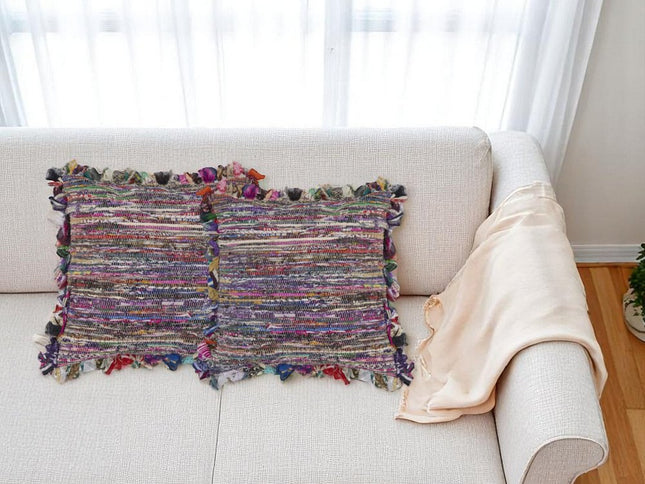 Set of Two Pink Striped Rayon Throw Pillow With Ruffle