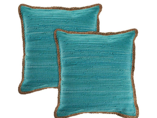 Set of Two 20" Turquoise Cotton And Jute Throw Pillows with Texture