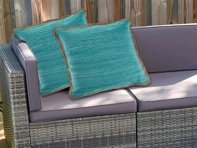 Set of Two 20" Turquoise Cotton And Jute Throw Pillows with Texture