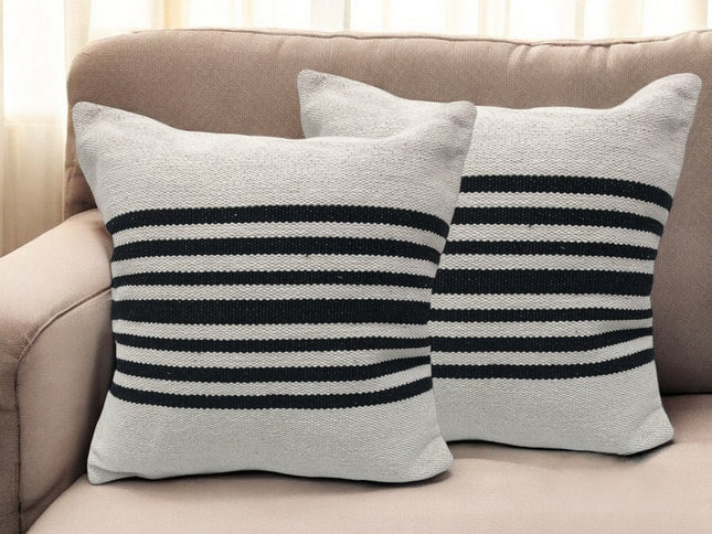 Set of Two Black and White Striped Cotton Throw Pillows