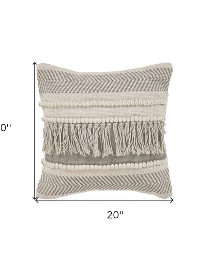Set of Two Beige Striped Cotton Throw Pillow With Fringe