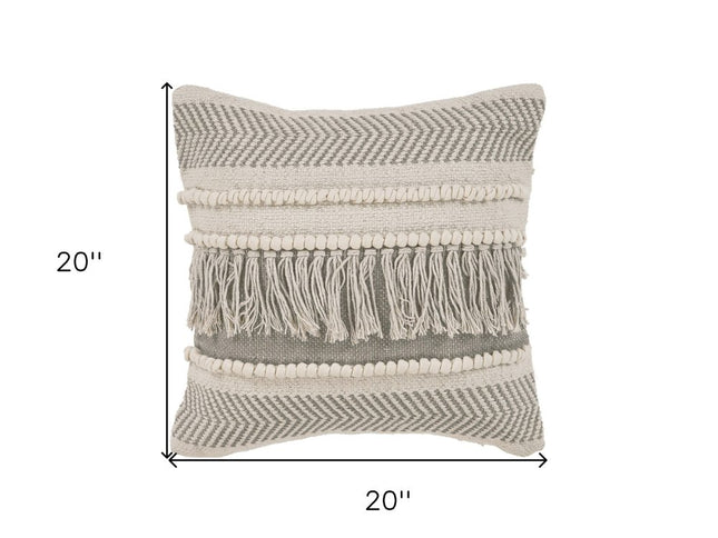 Set of Two Beige Striped Cotton Throw Pillow With Fringe