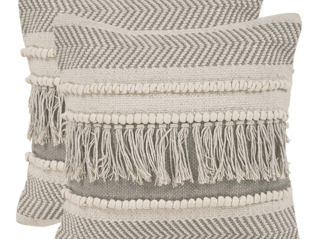 Set of Two Beige Striped Cotton Throw Pillow With Fringe