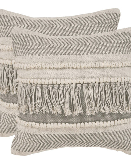Set of Two Beige Striped Cotton Throw Pillow With Fringe
