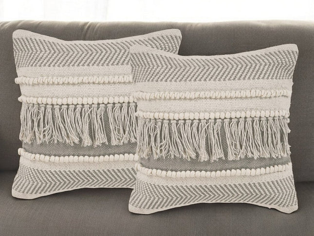 Set of Two Beige Striped Cotton Throw Pillow With Fringe