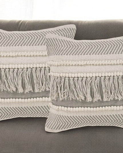 Set of Two Beige Striped Cotton Throw Pillow With Fringe