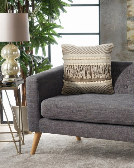 Set of Two Beige Striped Cotton Throw Pillow With Fringe