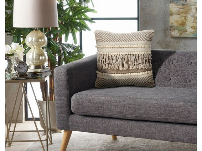 Set of Two Beige Striped Cotton Throw Pillow With Fringe