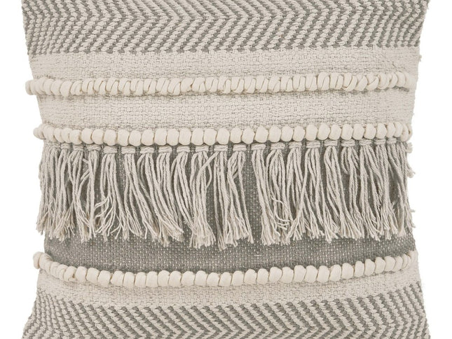 Set of Two Beige Striped Cotton Throw Pillow With Fringe
