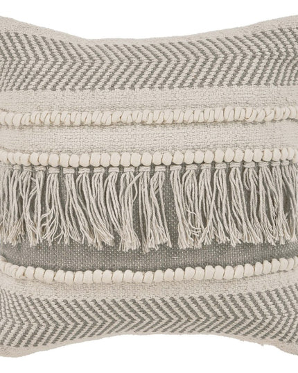 Set of Two Beige Striped Cotton Throw Pillow With Fringe