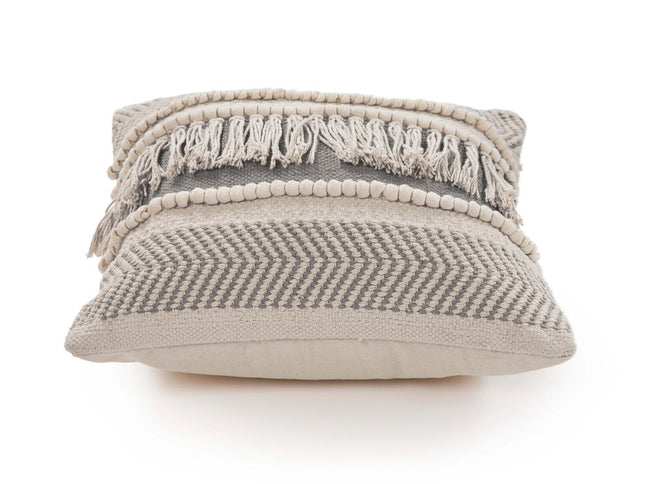 Set of Two Beige Striped Cotton Throw Pillow With Fringe