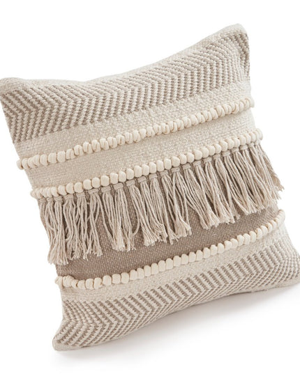 Set of Two Beige Striped Cotton Throw Pillow With Fringe