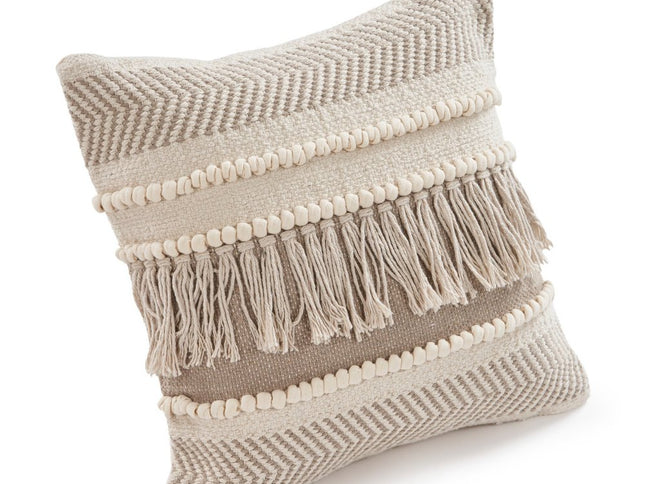 Set of Two Beige Striped Cotton Throw Pillow With Fringe
