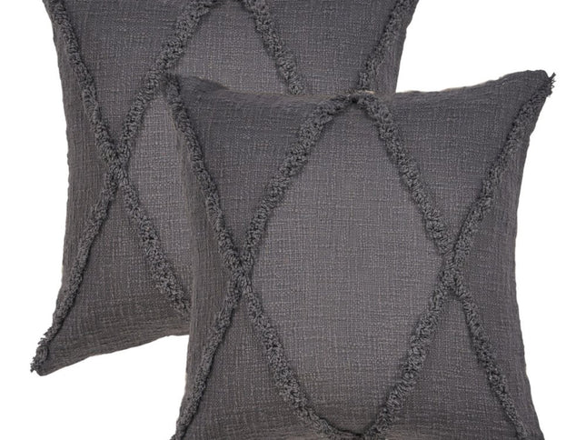 Set of Two Dark Gray Diamond Cotton Throw Pillow With Fringe