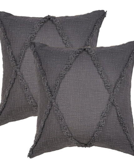Set of Two Dark Gray Diamond Cotton Throw Pillow With Fringe