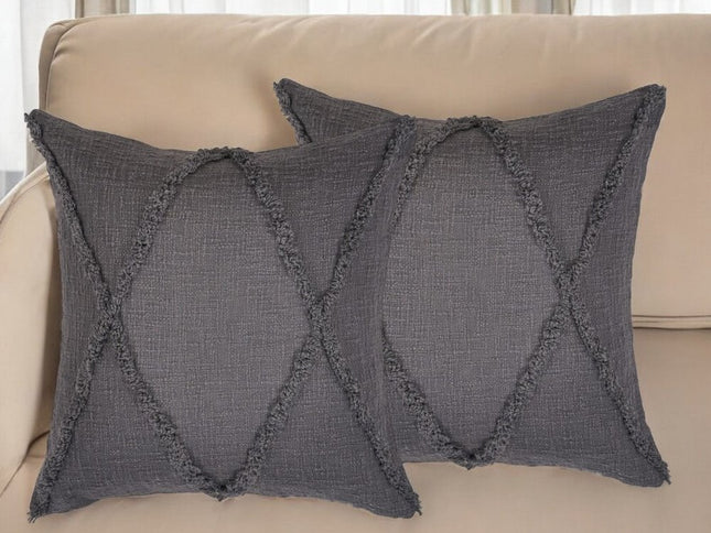 Set of Two Dark Gray Diamond Cotton Throw Pillow With Fringe