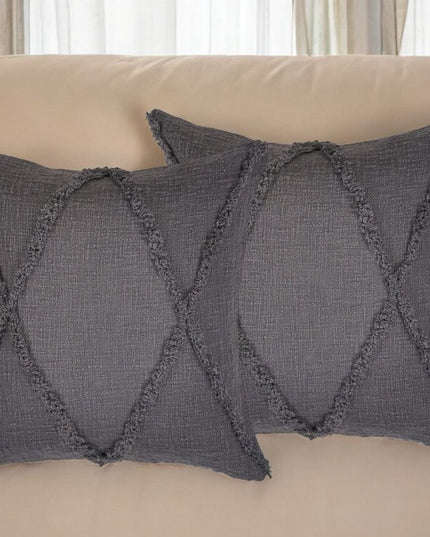 Set of Two Dark Gray Diamond Cotton Throw Pillow With Fringe