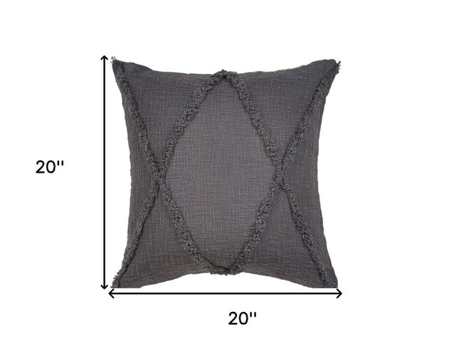 Set of Two Dark Gray Diamond Cotton Throw Pillow With Fringe
