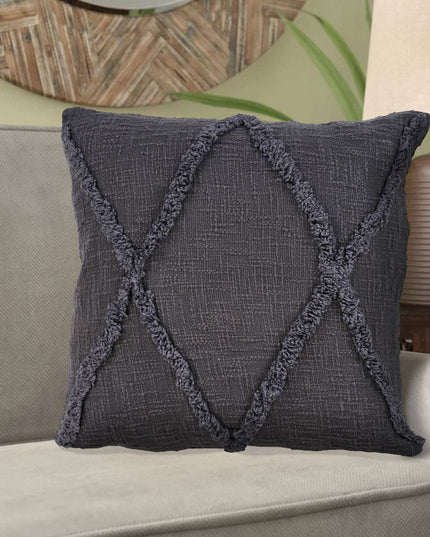 Set of Two Dark Gray Diamond Cotton Throw Pillow With Fringe