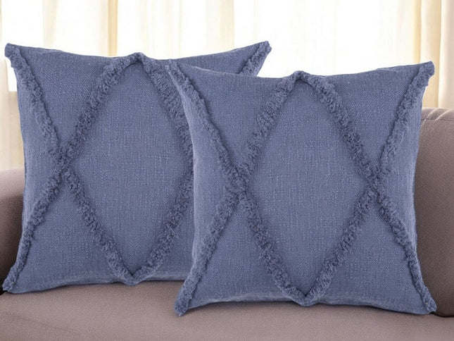 Set of Two Dark Gray Diamond Cotton Throw Pillow With Fringe