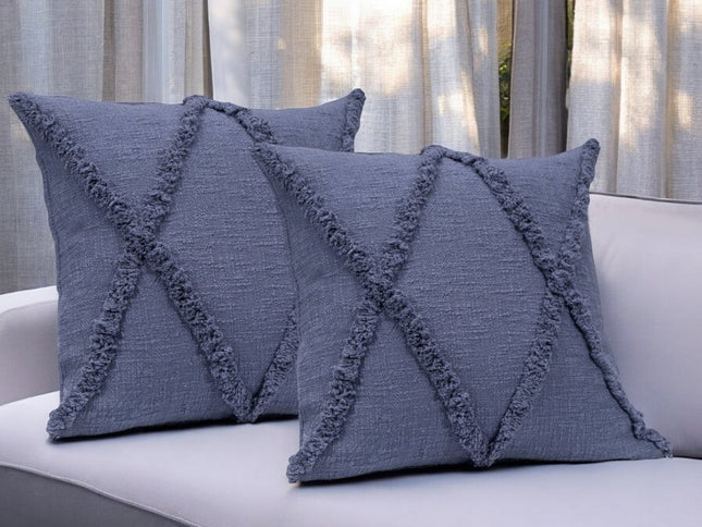 Set of Two Dark Gray Diamond Cotton Throw Pillow With Fringe
