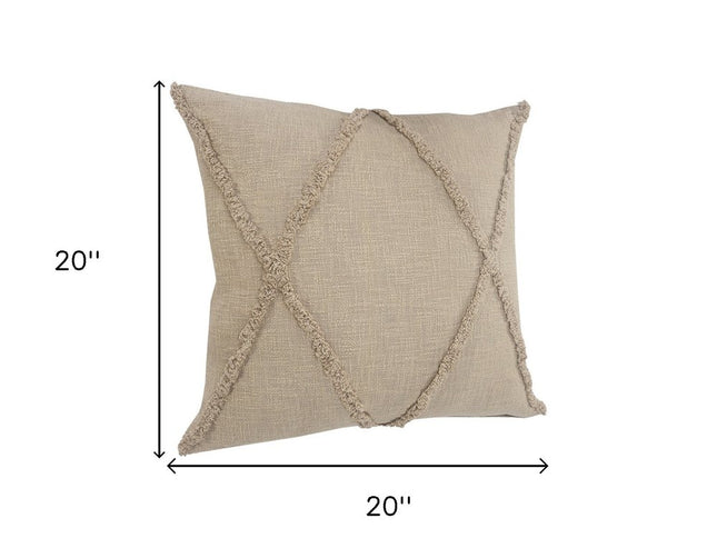 Set of Two Taupe and Brown Diamond Cotton Throw Pillow With Fringes