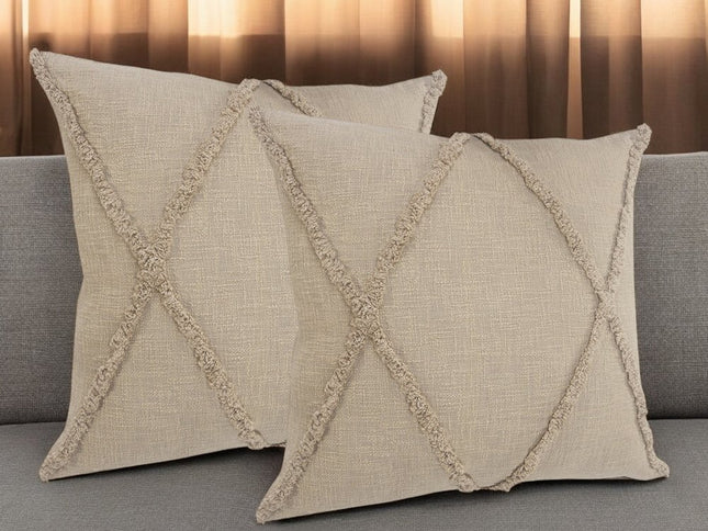 Set of Two Taupe and Brown Diamond Cotton Throw Pillow With Fringes