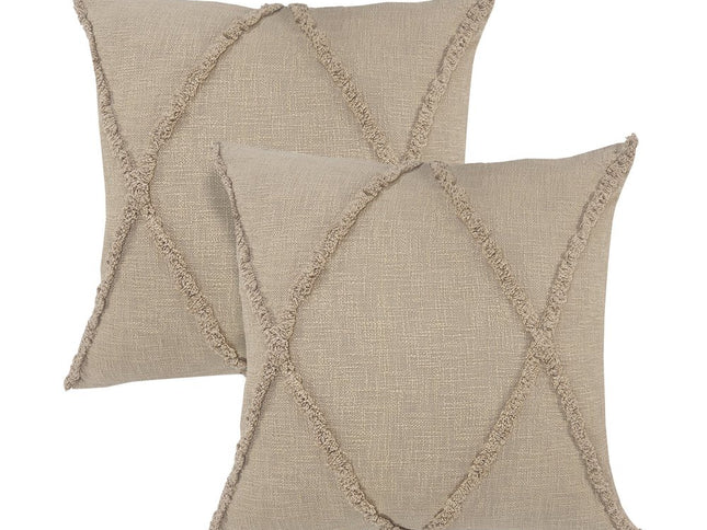 Set of Two Taupe and Brown Diamond Cotton Throw Pillow With Fringes
