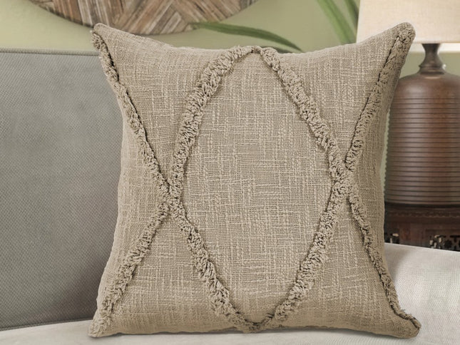 Set of Two Taupe and Brown Diamond Cotton Throw Pillow With Fringes