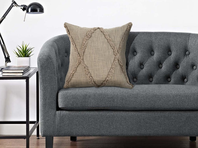 Set of Two Taupe and Brown Diamond Cotton Throw Pillow With Fringes