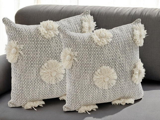 Set of Two Gray and Ivory Floral Cotton Throw Pillows With Fringe
