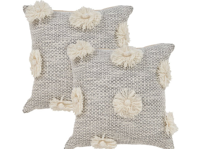 Set of Two Gray and Ivory Floral Cotton Throw Pillows With Fringe