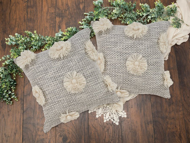 Set of Two Gray and Ivory Floral Cotton Throw Pillows With Fringe