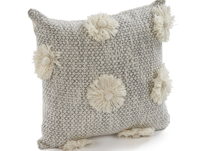 Set of Two Gray and Ivory Floral Cotton Throw Pillows With Fringe