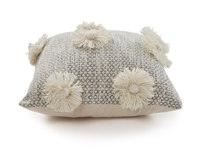 Set of Two Gray and Ivory Floral Cotton Throw Pillows With Fringe