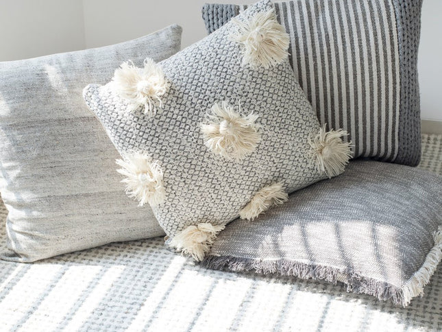 Set of Two Gray and Ivory Floral Cotton Throw Pillows With Fringe
