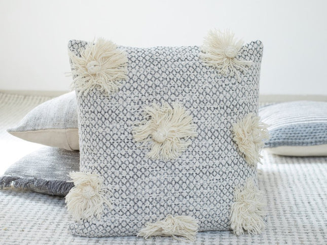 Set of Two Gray and Ivory Floral Cotton Throw Pillows With Fringe