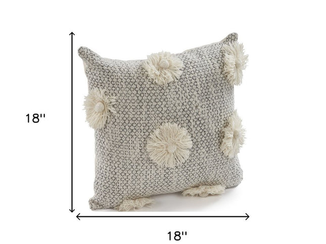 Set of Two Gray and Ivory Floral Cotton Throw Pillows With Fringe