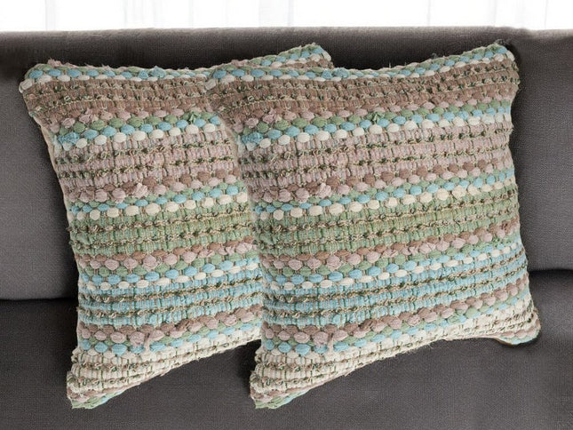 Set of Two 18" Beige Blue and Green Striped Cotton Blend Throw Pillows