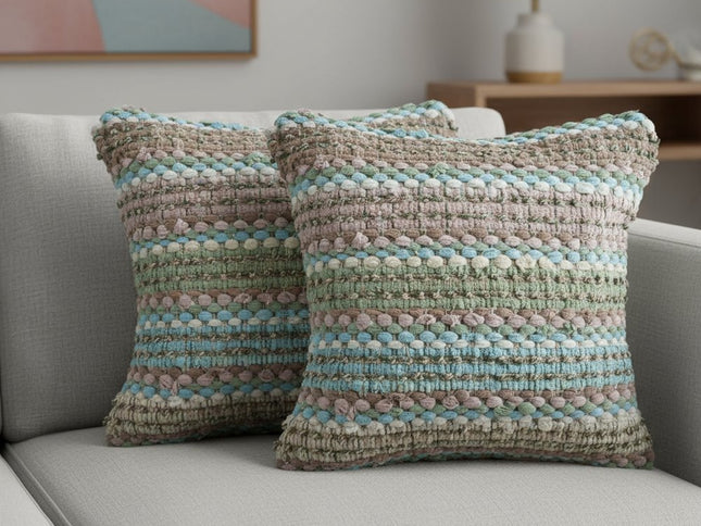 Set of Two 18" Brown and Dark Green Striped Cotton Blend Throw Pillows with Texture