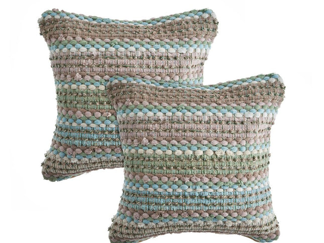 Set of Two 18" Beige Blue and Green Striped Cotton Blend Throw Pillows