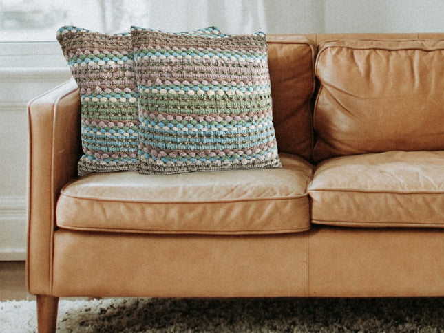 Set of Two 18" Beige Blue and Green Striped Cotton Blend Throw Pillows